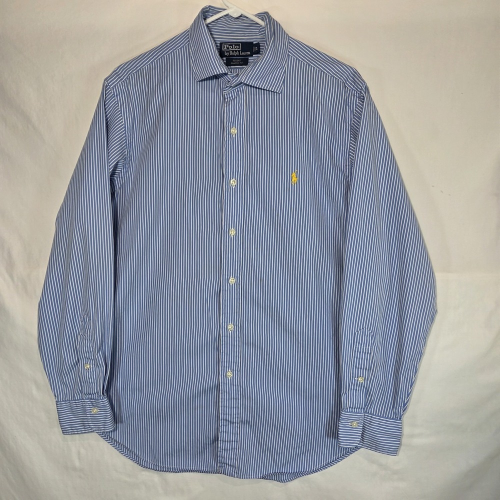 Polo Ralph Lauren Dress Shirt Regent Classic LRG Blue White Stripe Yellow Pony